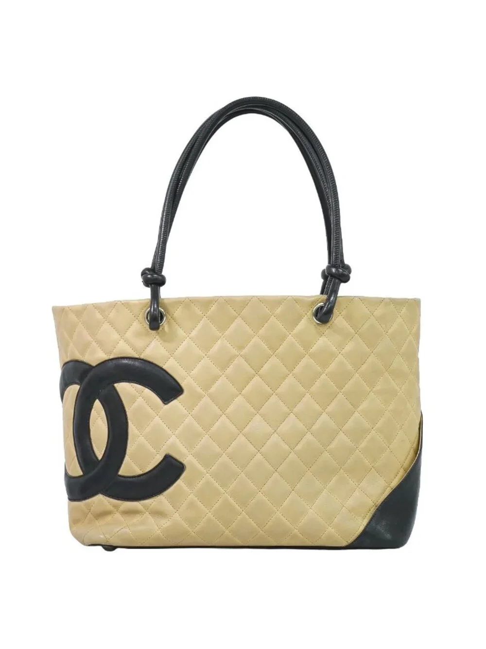 Chanel CC Logo Cambon Line Shoulder Bag Tote Leather Beige Vintage